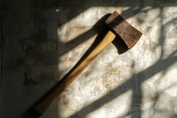 Poster - Rusty Axe with Wooden Handle Against Rough White Wall