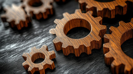 Wall Mural - A collection of wooden gears are arranged on a black surface