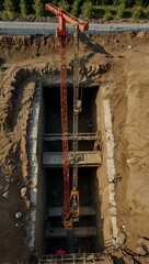 Wall Mural - Aerial view of a partially excavated tunnel entrance with cranes and machinery.