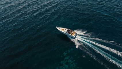 Sticker - Aerial view of a speedboat sailing on blue ocean water.