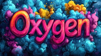 Wall Mural - Vibrant and colorful artistic oxygen text with swirling clouds