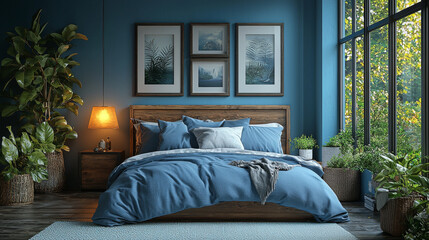 Poster - Cozy bedroom with a blue color scheme and plenty of houseplants.