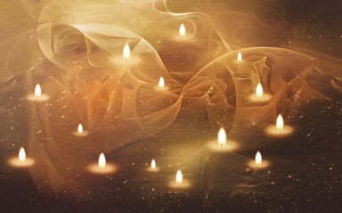 A group of lit candles glowing against a soft, warm, swirling background.