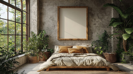 Sticker - Minimalist bedroom with a large window and a wooden frame.