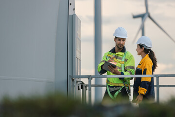 Fototapete - Team engineer wind turbine worker safety uniform survey discuss operational planning windmill field clean energy. Alternative technology protect environment reduce global warming problems.