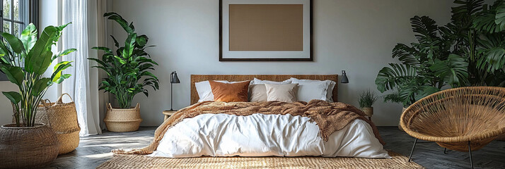 Poster - A bedroom with a cozy bed and wicker chair.