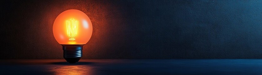 A glowing orange light bulb on a dark surface, creating a warm ambiance in a minimalist setting.