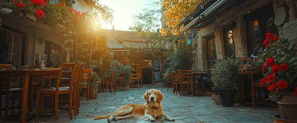 Wall Mural - Golden Retriever Relaxing in a Sunny European Courtyard