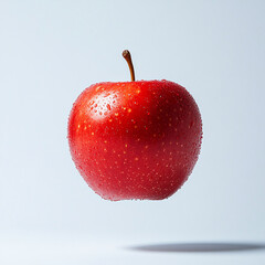 Wall Mural - A vibrant red apple with droplets of water is levitating against soft white background, creating fresh and appealing visual. This image captures essence of freshness and vitality