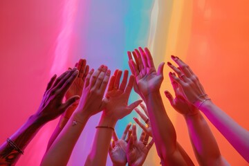 A group of people celebrating or protesting with their hands raised