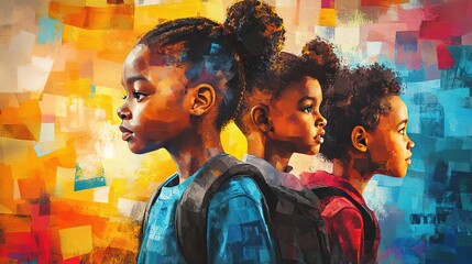 Three young children silhouetted against a vibrant, colorful background, showcasing individuality and unity.