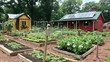 © Jirapron - A vibrant garden with wooden beds, diverse plants, and charming houses featuring solar panels in a lush outdoor setting.