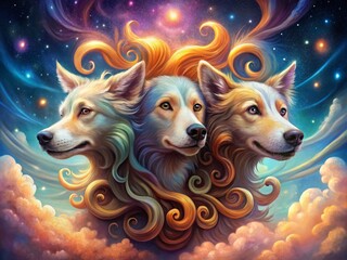 Whimsical illustration of a fantastical three-headed dog with vibrant fur, each head expressing a different emotion,