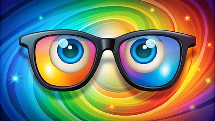 Whimsical illustration of a trendy pair of glasses perched on a smiling cartoon face with bright blue eyes