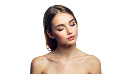 close-up portrait of a woman with clean, healthy skin and fresh makeup, showcasing her natural beaut