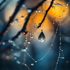 Nature's intricate web, glistening with morning dew, a macro shot of a spider's silk trap