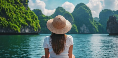 Woman in Hat Admiring Scenic View of a Calm Bay Surrounded by Lush Islands