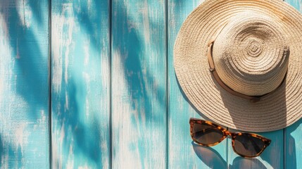 Summer beach accessories like sunglasses and a hat laid out on weathered blue wood, capturing the essence of vacation