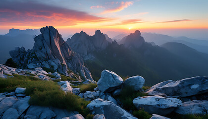 Sticker - The dawn scene of natural mountains, with magnificent rocky landscapes