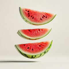 Wall Mural - Levitating pieces of watermelon create striking visual against soft background, showcasing vibrant red flesh and green rind. This artistic display captures essence of freshness and summer