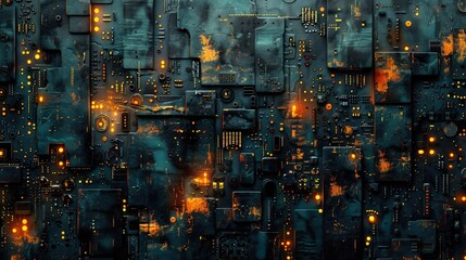 Wall Mural - Abstract digital background with orange and teal glowing dots. Perspective view of glowin blue dots flowing and floating at dark background. Technology innovation design. Energetic wave. AIG51.