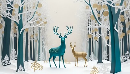 Stylized paper art of deer in a winter forest with blue trees and golden accents