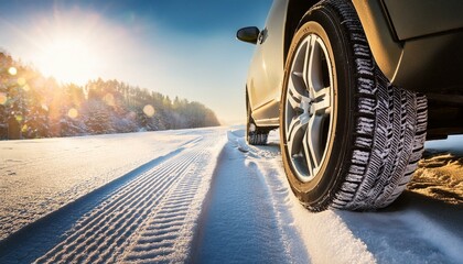 Winter tire with detail of car tires in winter snowy season on the road covered with snow and morning sun light