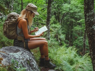 A woman is sitting on a rock in the woods, reading a book