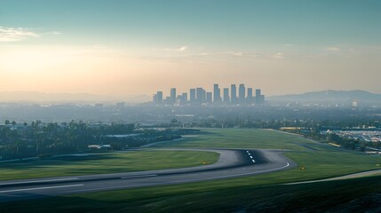 Poster - Aerial Cityscape with Airport Runway at Dawn or Dusk