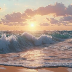 Wall Mural - A beautiful sunset over a calm ocean, with gentle waves crashing on the sandy beach.