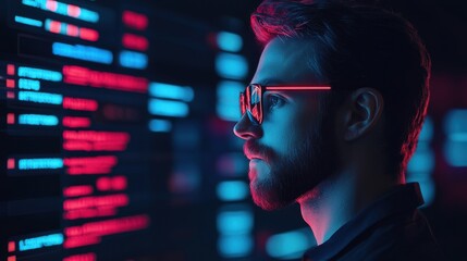 A tech-savvy individual with glasses immersed in digital data analysis, showcasing modern programming and cyber environment.
