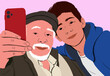 © Connect Images - Elderly man with white beard and flat cap takes a selfie with a smiling young man in a blue hoodie using a red smartphone.