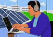 © Connect Images - A focused individual with headphones uses a laptop near solar panels, highlighting eco-friendly working.