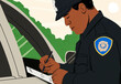 © Connect Images - A cartoon illustration of a police officer writing a ticket next to a car window, with trees and a bridge in the background.
