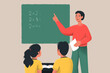 © Connect Images - An illustration of a teacher explaining math to two students in front of a chalkboard.