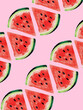 © Connect Images - Slices of watermelon on a pink background arranged in a random pattern.