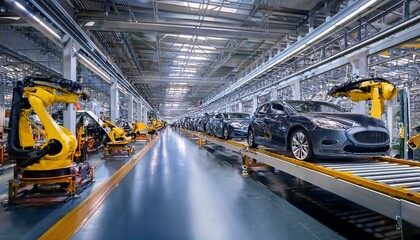 Mass production assembly line of modern cars in a busy factory