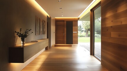 Wall Mural - A modern, minimalist hallway featuring wooden accents and natural light.