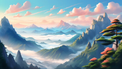 Wall Mural - Natural beauty of mountains at the horizon, magical rendering of sunrise and sunset light.