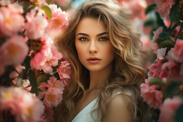 Wall Mural - AI generated photo image of woman in the fields among the flowers