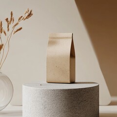 Wall Mural - A brown paper bag standing on a round podium in front of a beige wall.