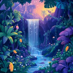 Canvas Print - A cascading waterfall flows through a lush jungle, illuminated by the soft glow of the setting sun. A deer stands peacefully on a rock overlooking the scene.