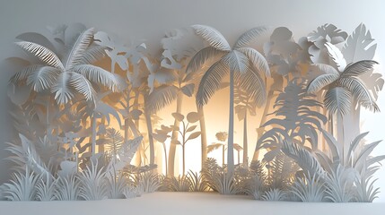 Wall Mural - A layered paper art depiction of a tropical forest with illuminated background.