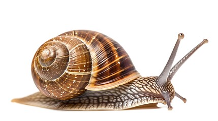 A snail on a white background, showcasing its unique spiral shell and delicate features.