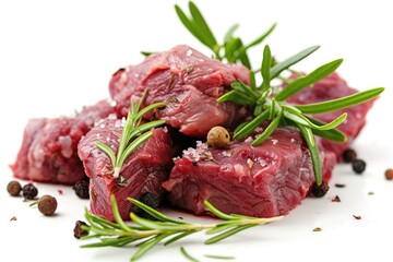 A pile of raw meat accompanied by a sprig of rosemary