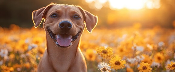 Wall Mural - Happy Dog in a Field of Flowers at Sunset