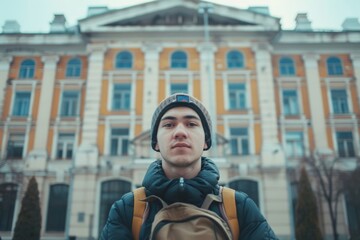 A person carrying a backpack stands outside a building, possibly preparing for a journey or trip