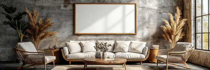 Sticker - A cozy living room with a large blank canvas above a white sofa.