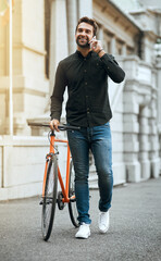 Poster - Phone call, bicycle or happy man in city talking on vacation travel for sightseeing, explore or adventure. Mobile, eco friendly or person walking in urban town for weekend, fashion or fun solo trip