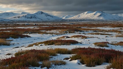 Wall Mural - Arctic tundra with snow and hardy vegetation against cold winds.